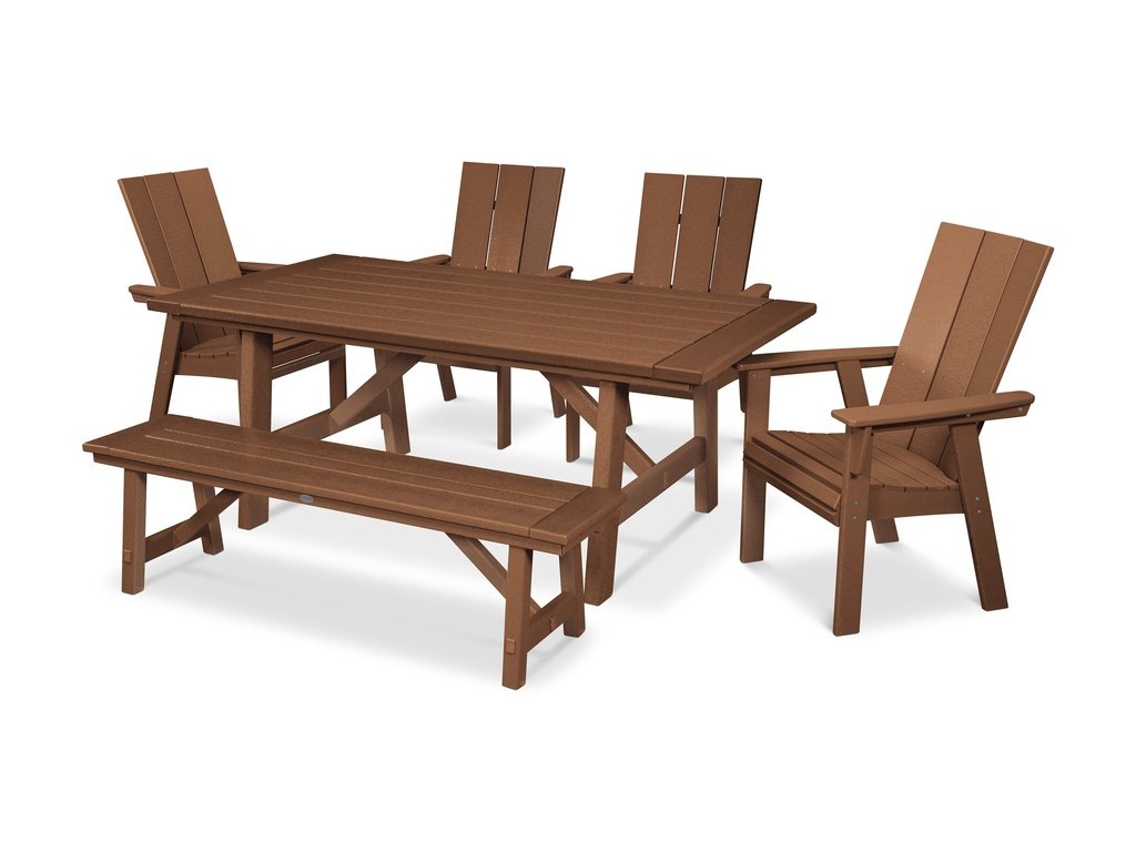 Modern Curveback Adirondack 6-Piece Rustic Farmhouse Dining Set with Bench Photo