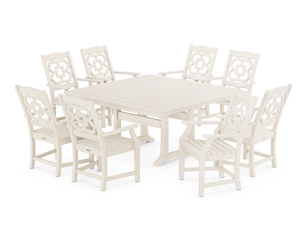 Chinoiserie 9-Piece Square Dining Set with Trestle Legs Photo