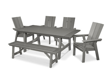 Modern Curveback Adirondack 6-Piece Rustic Farmhouse Dining Set with Bench Photo