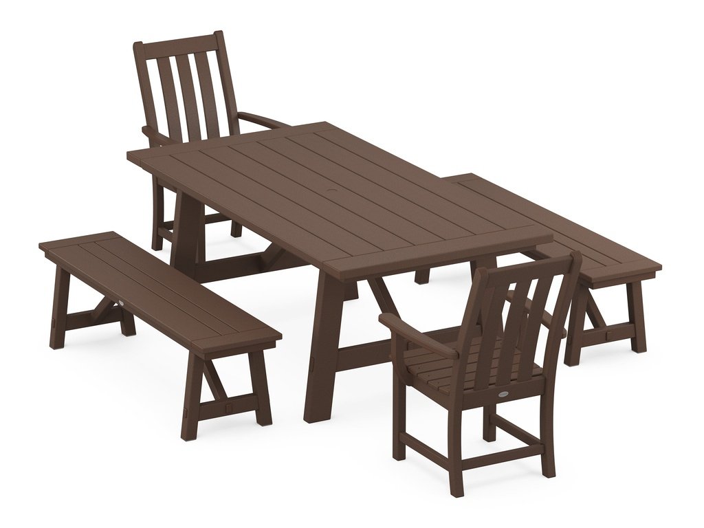 Vineyard 5-Piece Rustic Farmhouse Dining Set With Benches Photo