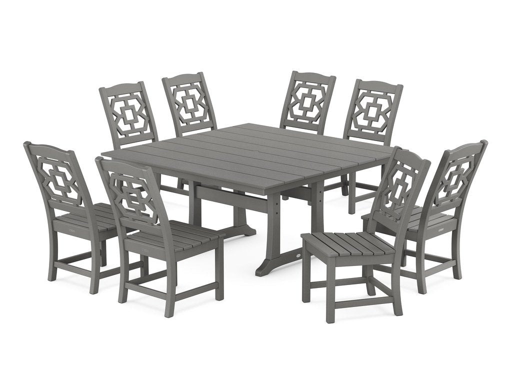 Chinoiserie 9-Piece Square Farmhouse Side Chair Dining Set with Trestle Legs Photo