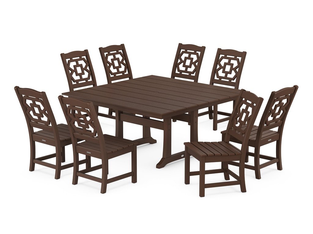 Chinoiserie 9-Piece Square Farmhouse Side Chair Dining Set with Trestle Legs Photo