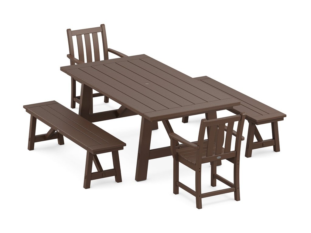 Traditional Garden 5-Piece Rustic Farmhouse Dining Set With Benches Photo