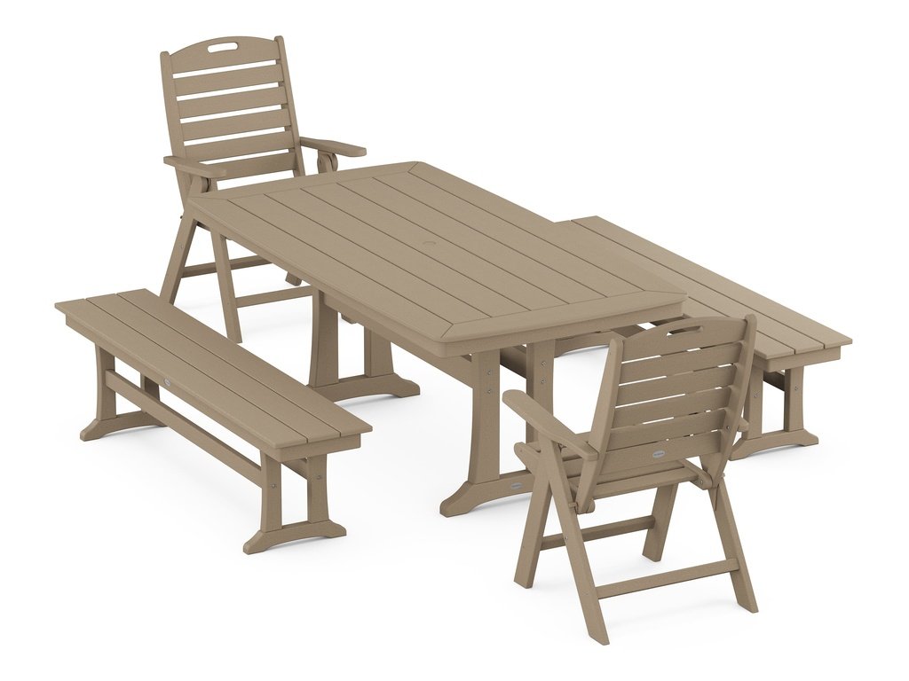 Nautical Folding Highback Chair 5-Piece Dining Set with Trestle Legs and Benches Photo