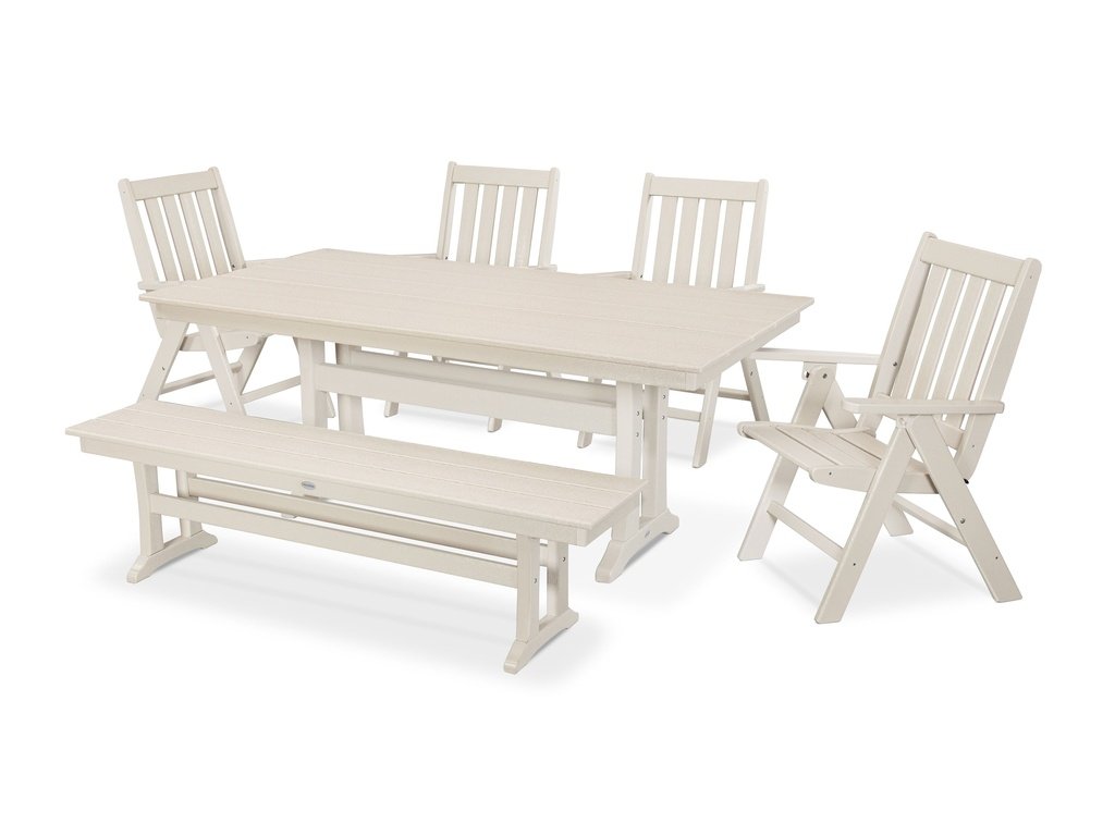 Vineyard 6-Piece Folding Chair Farmhouse Dining Set with Trestle Legs and Bench Photo