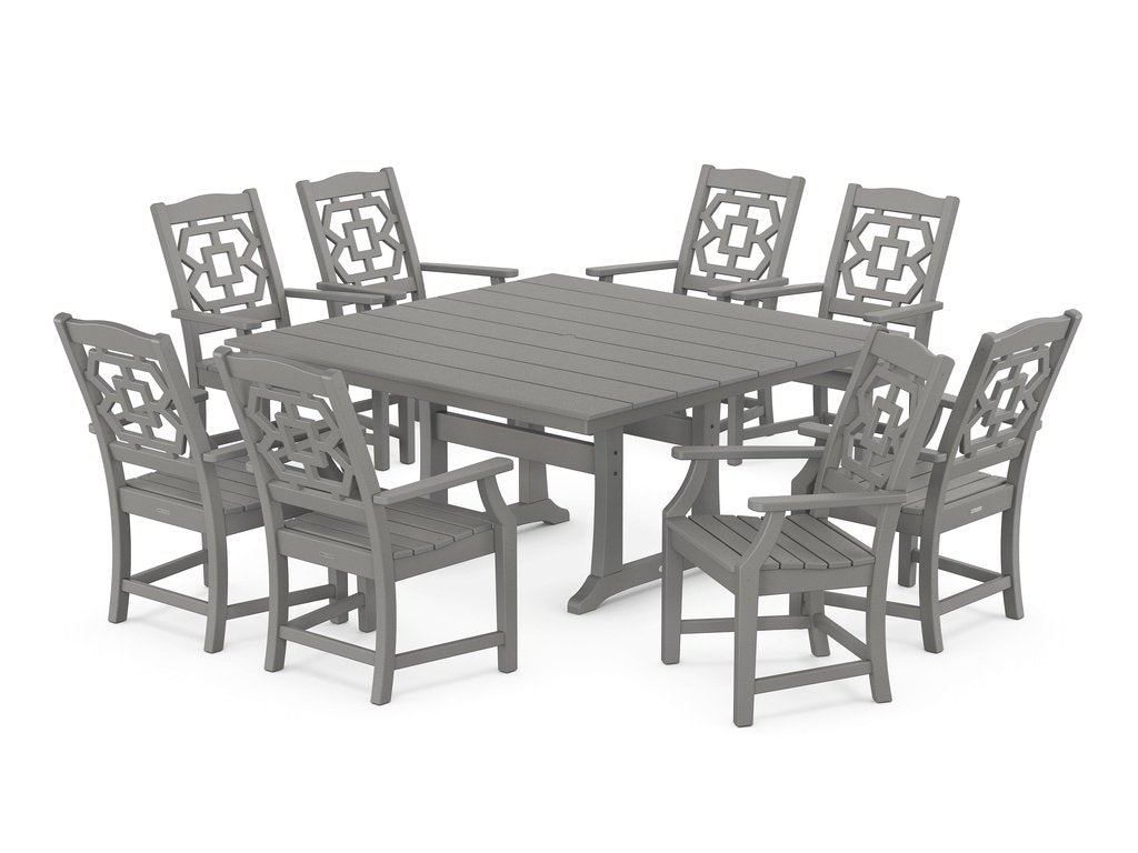 Chinoiserie 9-Piece Square Farmhouse Dining Set with Trestle Legs Photo