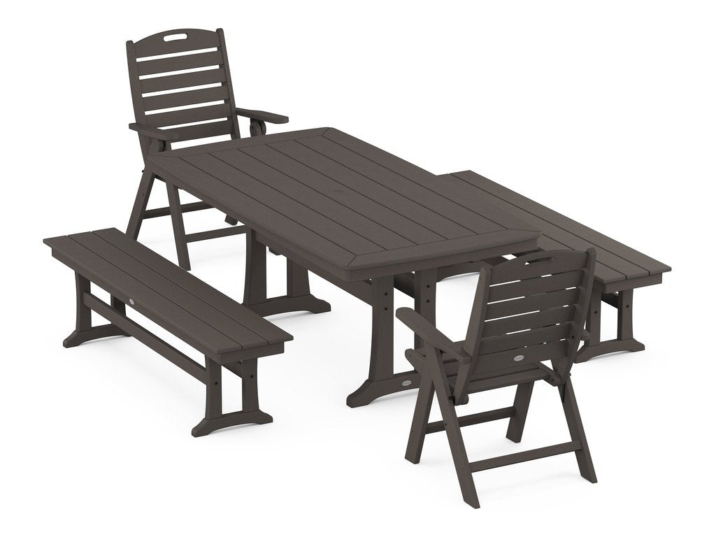 Nautical Folding Highback Chair 5-Piece Dining Set with Trestle Legs and Benches Photo