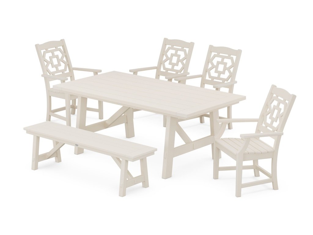 Chinoiserie 6-Piece Rustic Farmhouse Dining Set with Bench Photo