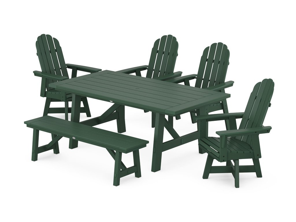 Vineyard Curveback Adirondack Swivel Chair 6-Piece Rustic Farmhouse Dining Set With Bench Photo