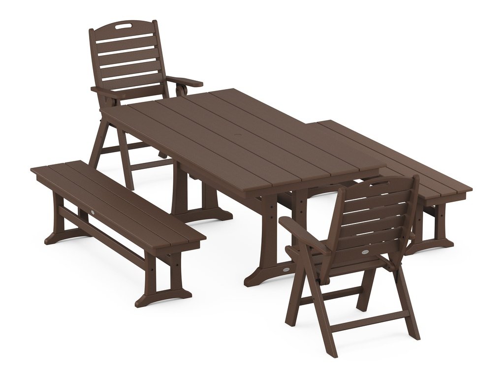 Nautical Folding Highback Chair 5-Piece Farmhouse Dining Set With Trestle Legs and Benches Photo