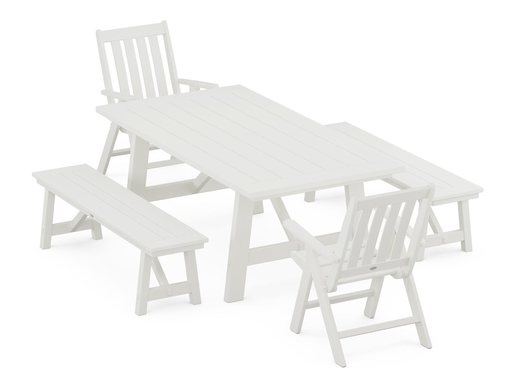 Vineyard Folding Chair 5-Piece Rustic Farmhouse Dining Set With Benches Photo