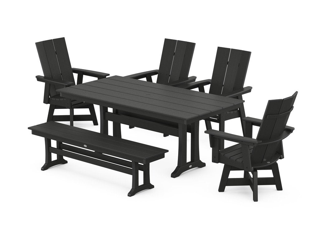 Modern Curveback Adirondack Swivel Chair 6-Piece Farmhouse Dining Set With Trestle Legs and Bench Photo