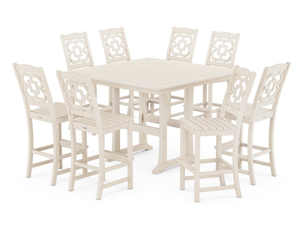 Chinoiserie 9-Piece Square Side Chair Bar Set with Trestle Legs Photo