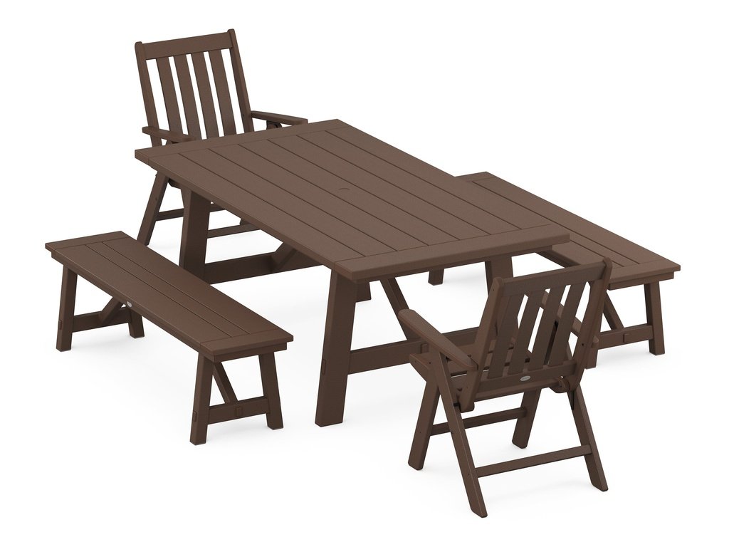 Vineyard Folding Chair 5-Piece Rustic Farmhouse Dining Set With Benches Photo