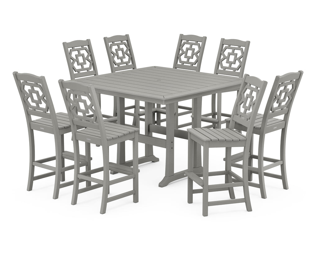 Chinoiserie 9-Piece Square Side Chair Bar Set with Trestle Legs Photo