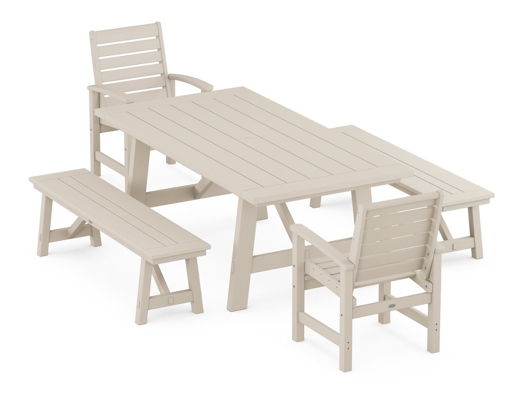 Signature 5-Piece Rustic Farmhouse Dining Set With Benches Photo