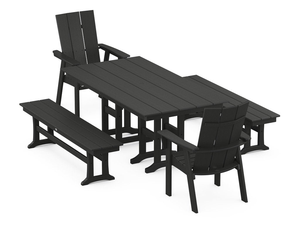 Modern Curveback Adirondack 5-Piece Farmhouse Dining Set with Benches Photo