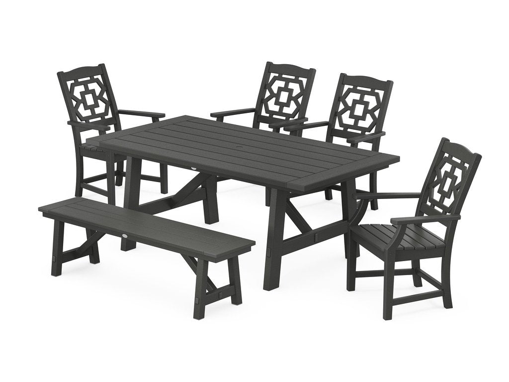 Chinoiserie 6-Piece Rustic Farmhouse Dining Set with Bench Photo