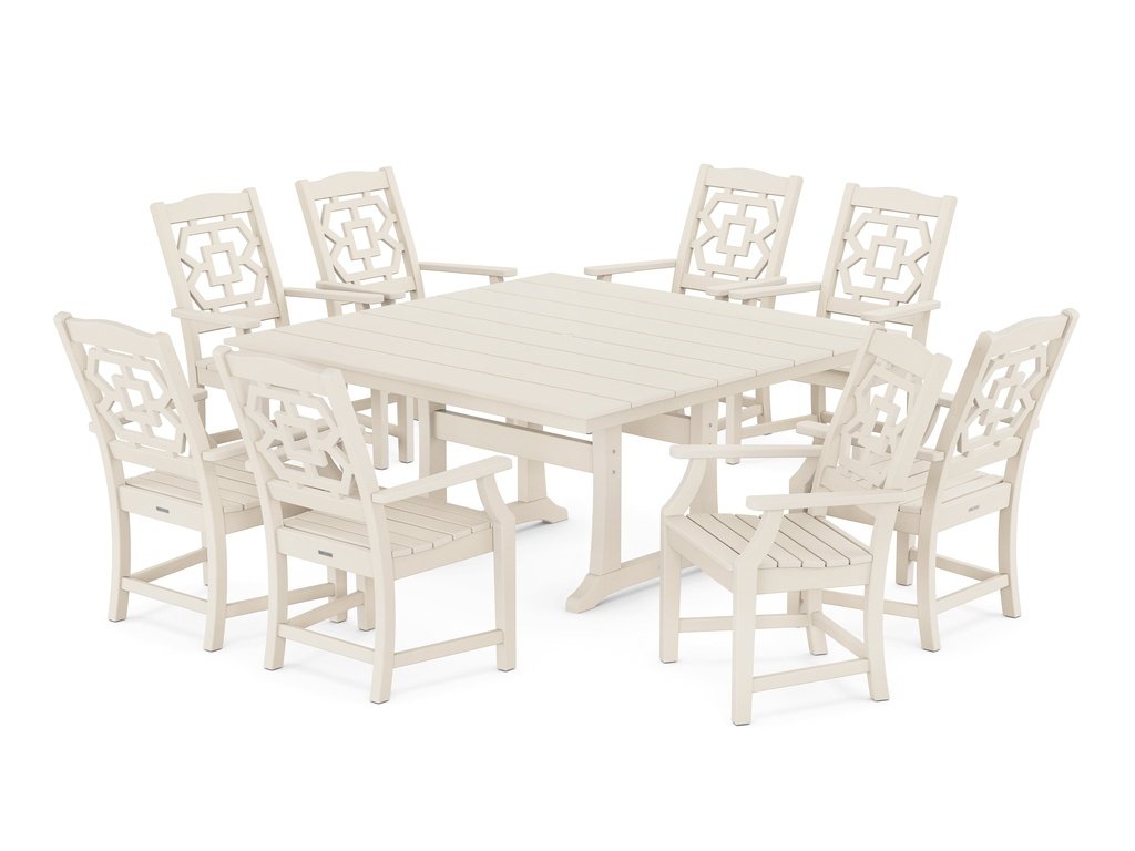 Chinoiserie 9-Piece Square Farmhouse Dining Set with Trestle Legs Photo