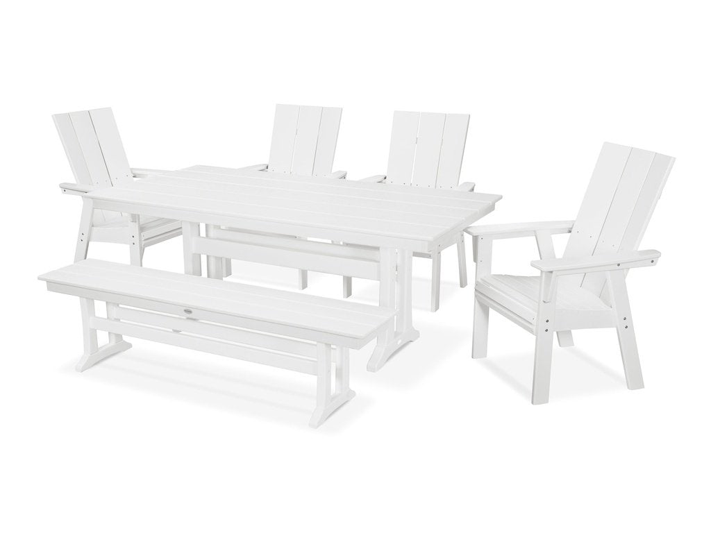 Modern Curveback Adirondack 6-Piece Farmhouse Dining Set with Trestle Legs and Bench Photo