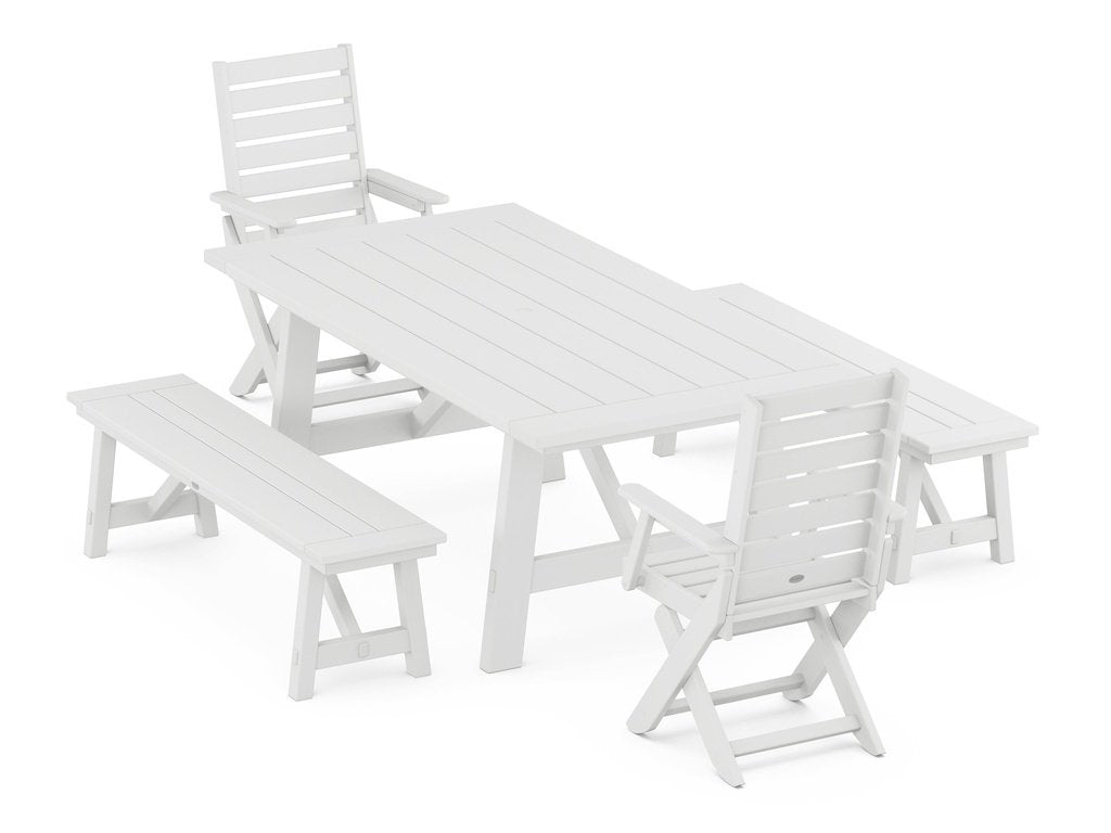 Captain Folding Chair 5-Piece Rustic Farmhouse Dining Set With Benches Photo