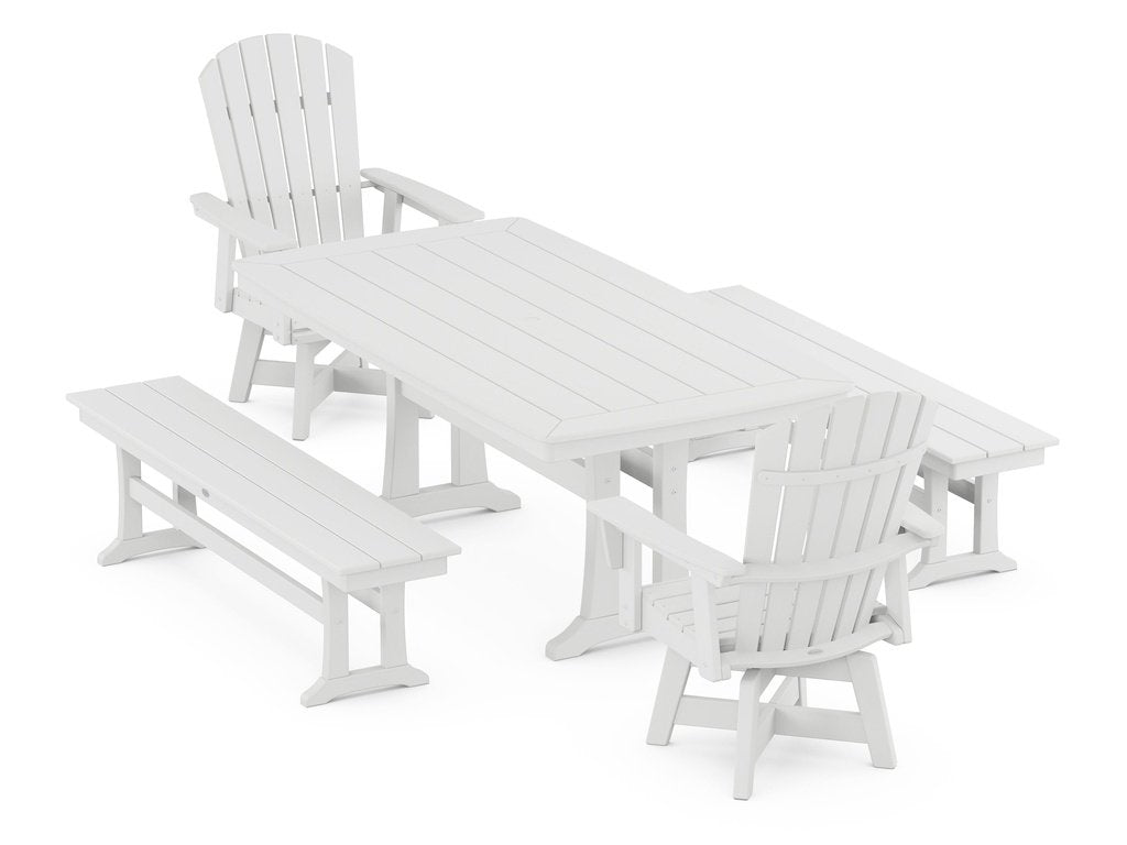 Nautical Curveback Adirondack Swivel Chair 5-Piece Dining Set with Trestle Legs and Benches Photo