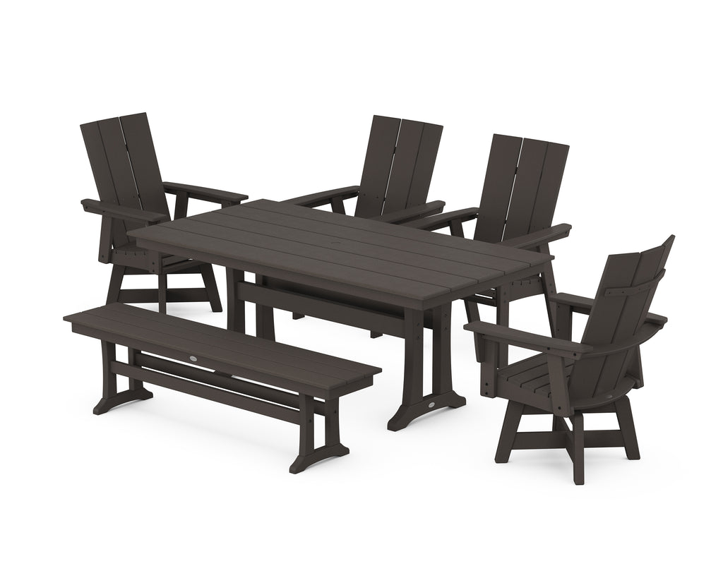 Modern Curveback Adirondack Swivel Chair 6-Piece Farmhouse Dining Set With Trestle Legs and Bench Photo