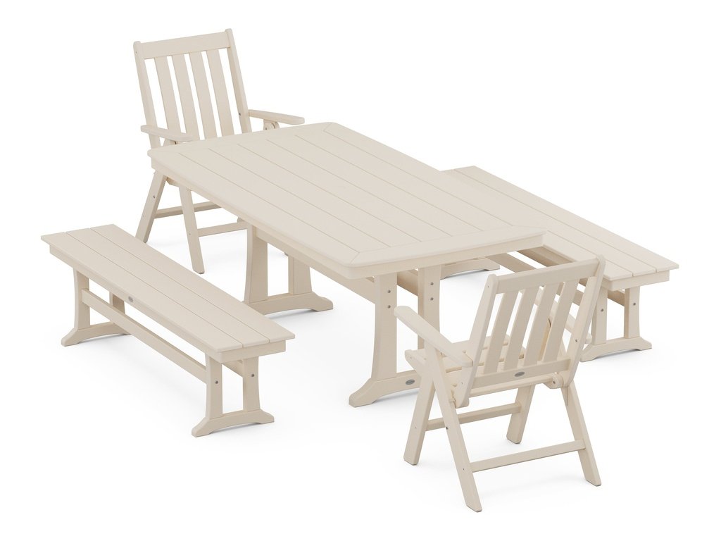 Vineyard Folding Chair 5-Piece Dining Set with Trestle Legs and Benches Photo