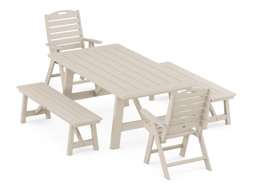 Nautical Folding Highback Chair 5-Piece Rustic Farmhouse Dining Set With Benches Photo