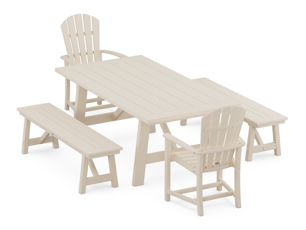 Palm Coast 5-Piece Rustic Farmhouse Dining Set With Benches Photo