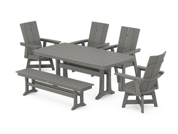 Modern Curveback Adirondack Swivel Chair 6-Piece Dining Set with Trestle Legs and Bench Photo