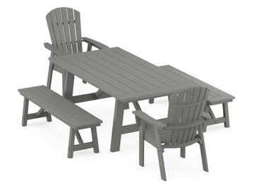 Nautical Curveback Adirondack 5-Piece Rustic Farmhouse Dining Set With Benches Photo