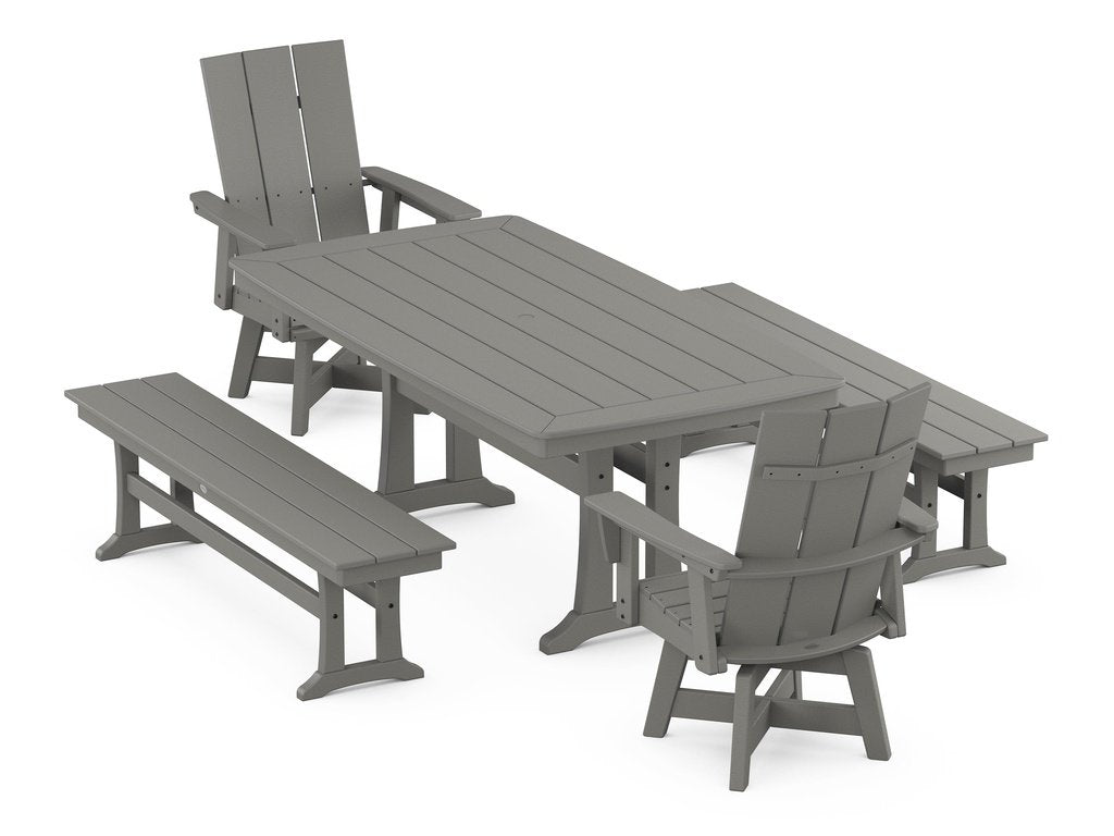 Modern Curveback Adirondack Swivel Chair 5-Piece Dining Set with Trestle Legs and Benches Photo