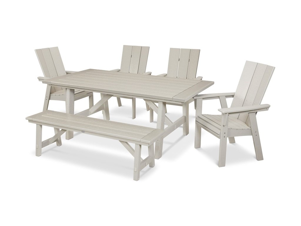 Modern Curveback Adirondack 6-Piece Rustic Farmhouse Dining Set with Bench Photo