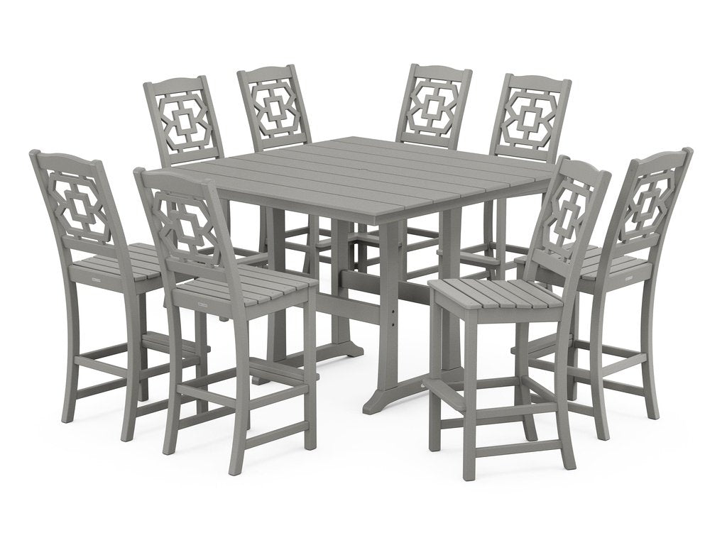 Chinoiserie 9-Piece Square Farmhouse Side Chair Bar Set with Trestle Legs Photo