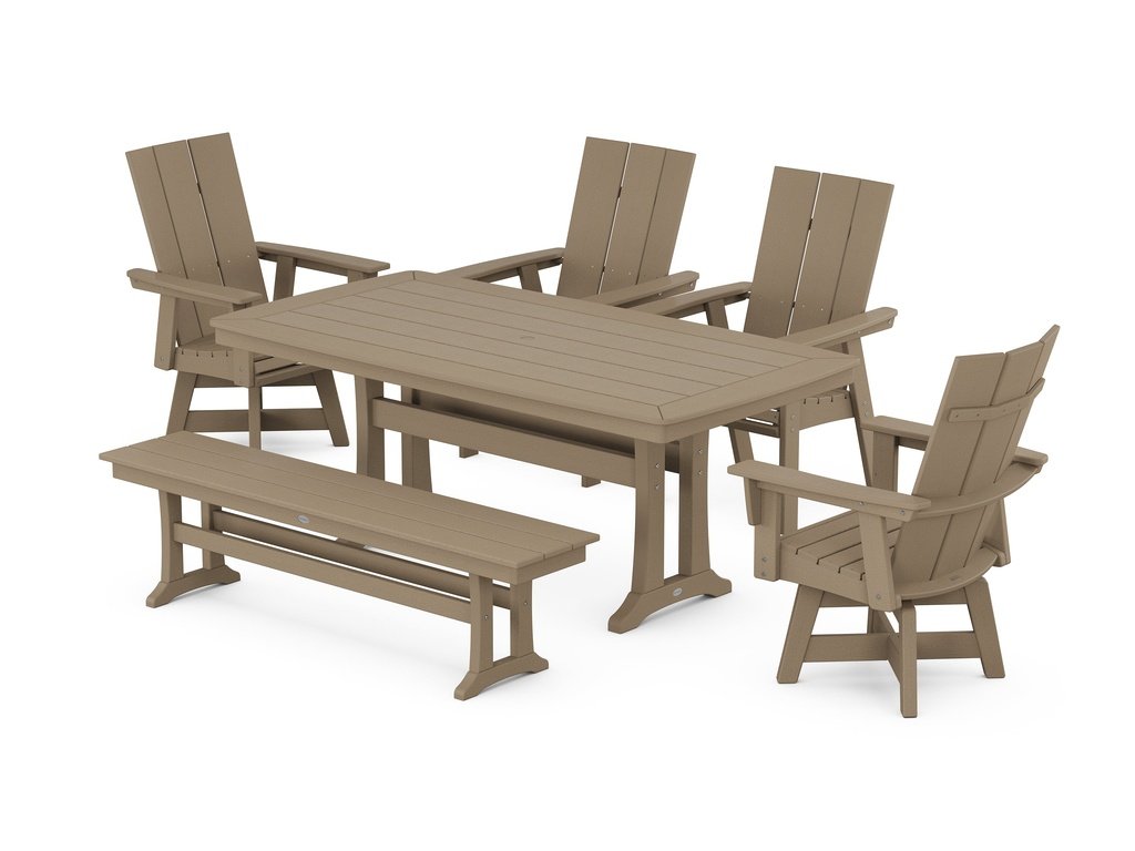 Modern Curveback Adirondack Swivel Chair 6-Piece Dining Set with Trestle Legs and Bench Photo