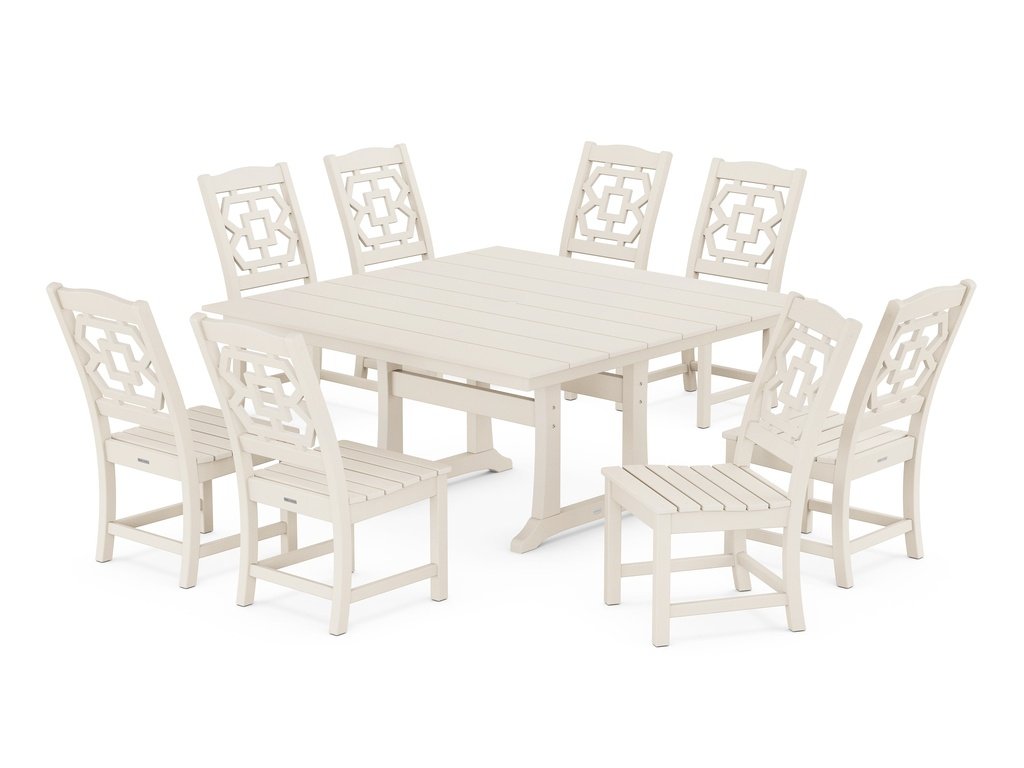 Chinoiserie 9-Piece Square Farmhouse Side Chair Dining Set with Trestle Legs Photo