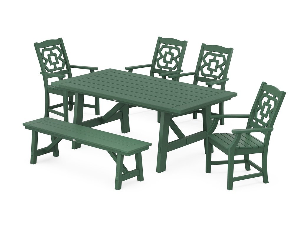 Chinoiserie 6-Piece Rustic Farmhouse Dining Set with Bench Photo