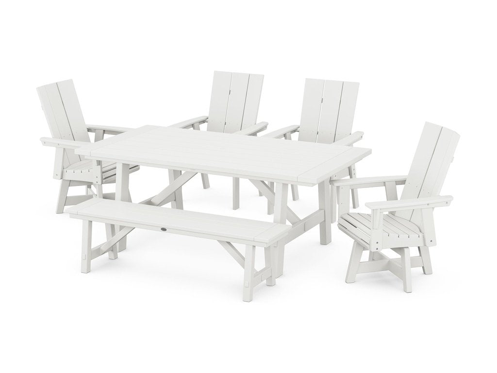 Modern Curveback Adirondack Swivel Chair 6-Piece Rustic Farmhouse Dining Set with Bench Photo