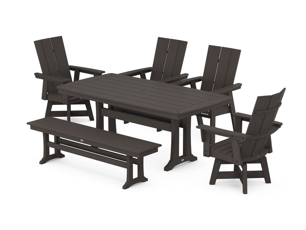 Modern Curveback Adirondack Swivel Chair 6-Piece Dining Set with Trestle Legs and Bench Photo