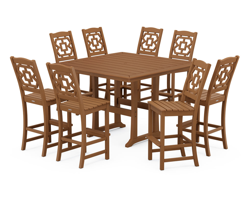 Chinoiserie 9-Piece Square Side Chair Bar Set with Trestle Legs Photo