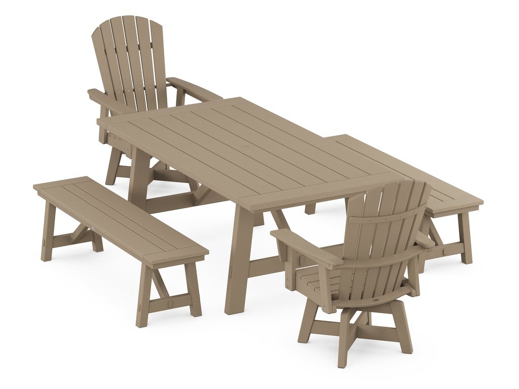 Nautical Curveback Adirondack Swivel Chair 5-Piece Rustic Farmhouse Dining Set With Benches Photo