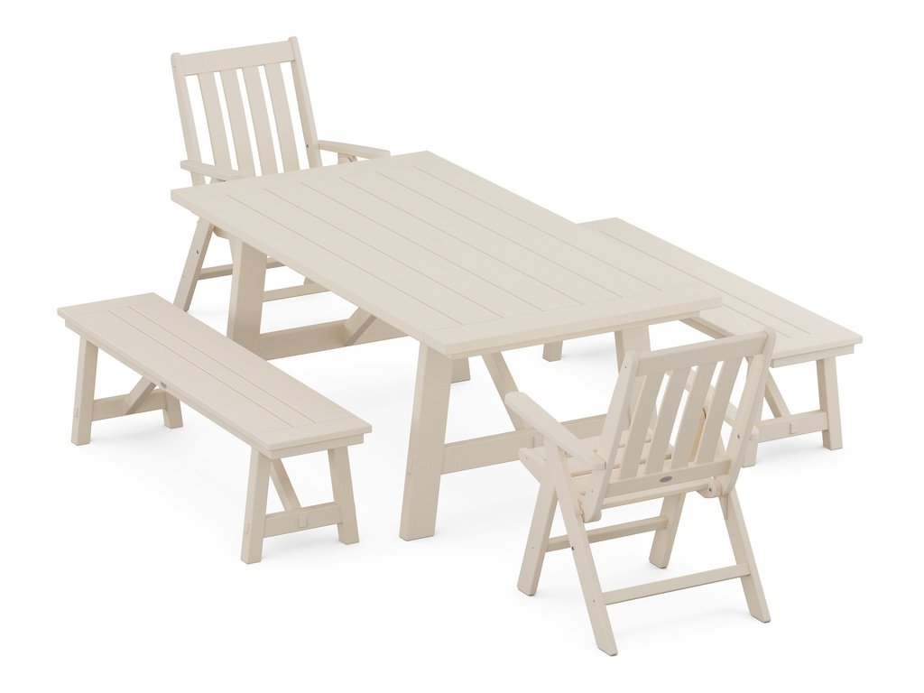 Vineyard Folding Chair 5-Piece Rustic Farmhouse Dining Set With Benches Photo