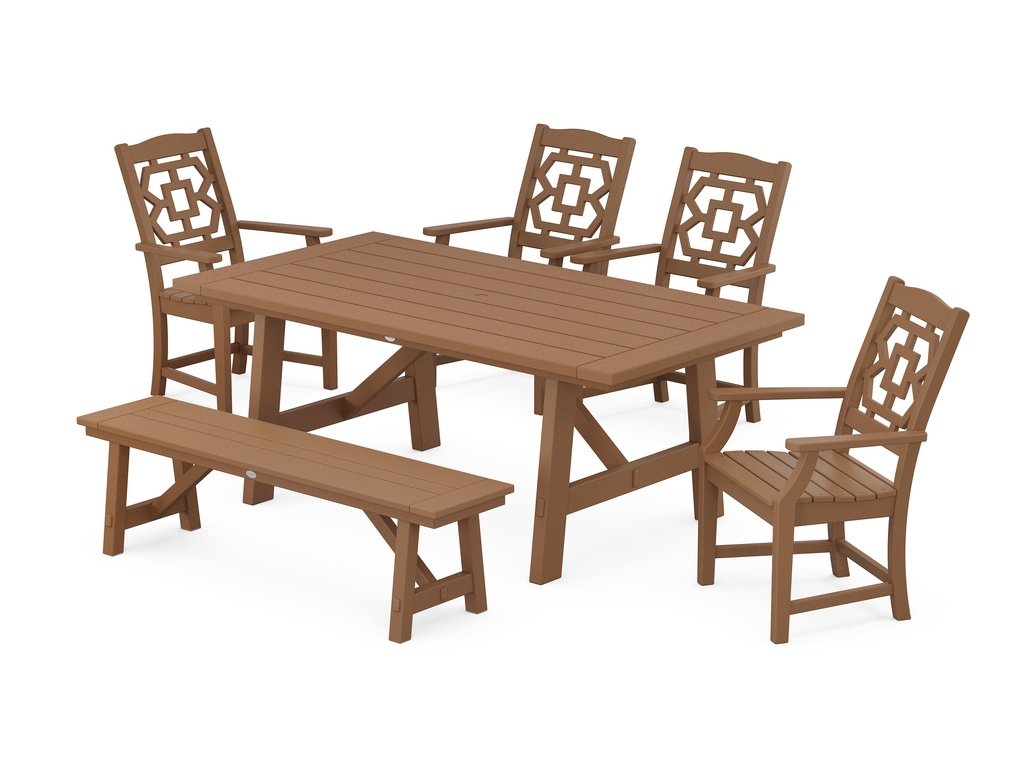 Chinoiserie 6-Piece Rustic Farmhouse Dining Set with Bench Photo