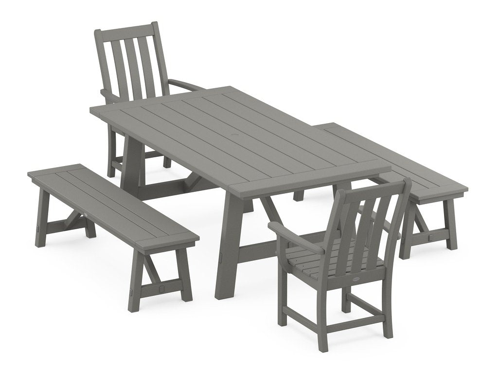 Vineyard 5-Piece Rustic Farmhouse Dining Set With Benches Photo